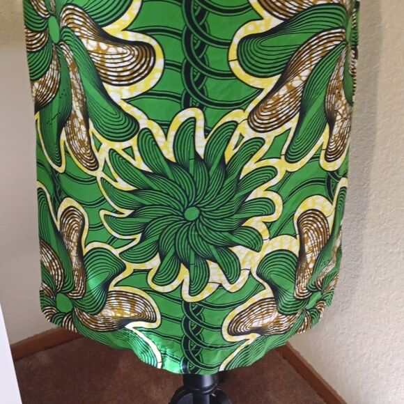 African Wax Print Green Floral Off-Shoulder Dress Handmade One of A Kind - Picture 4 of 11